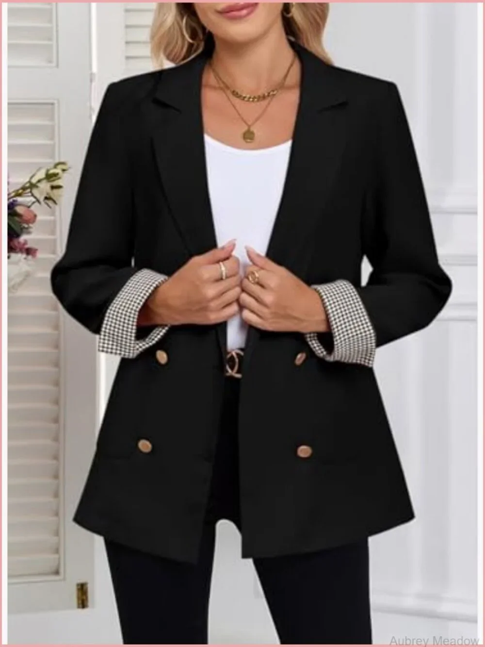 Womens Plaid Blazer Double Breasted Open Front Business Casual Office Suit
